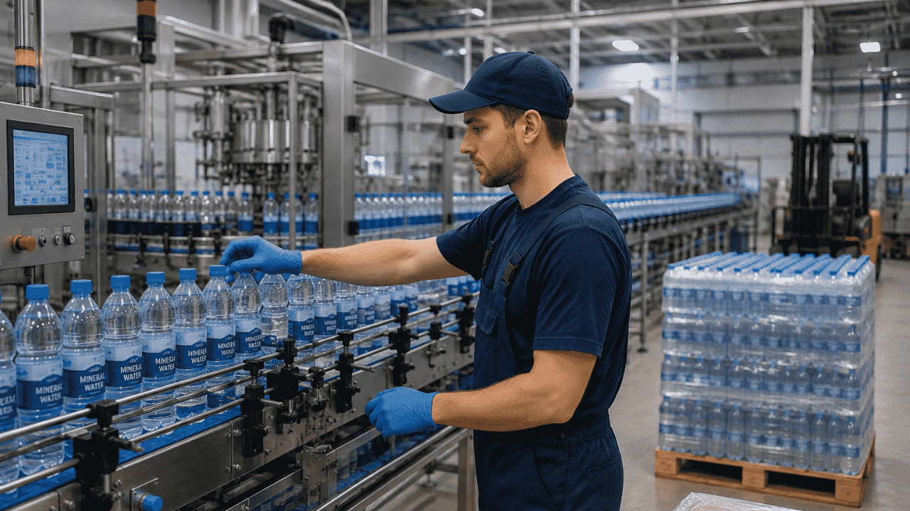 Працівник продукції на виробництві мінеральної води
